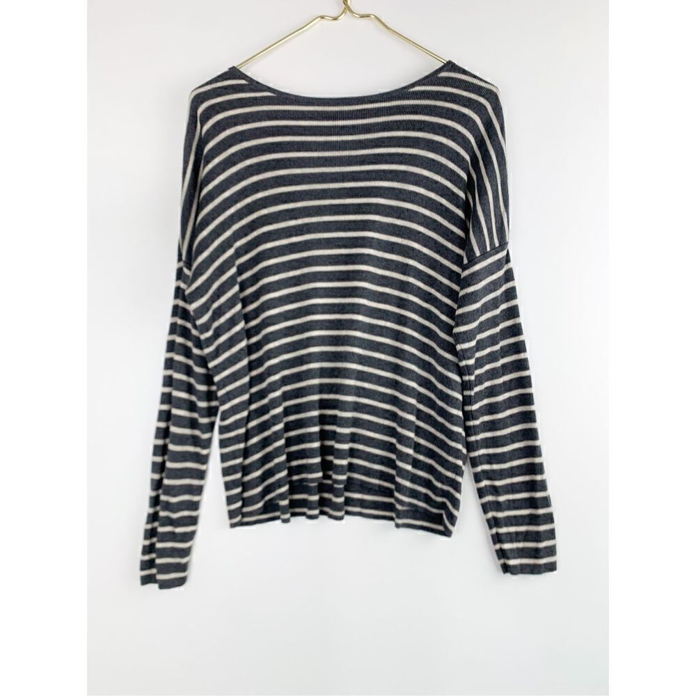Eileen Fisher Ash Striped Sleek Tencel Merino knit Round Neck Box Top Sz M